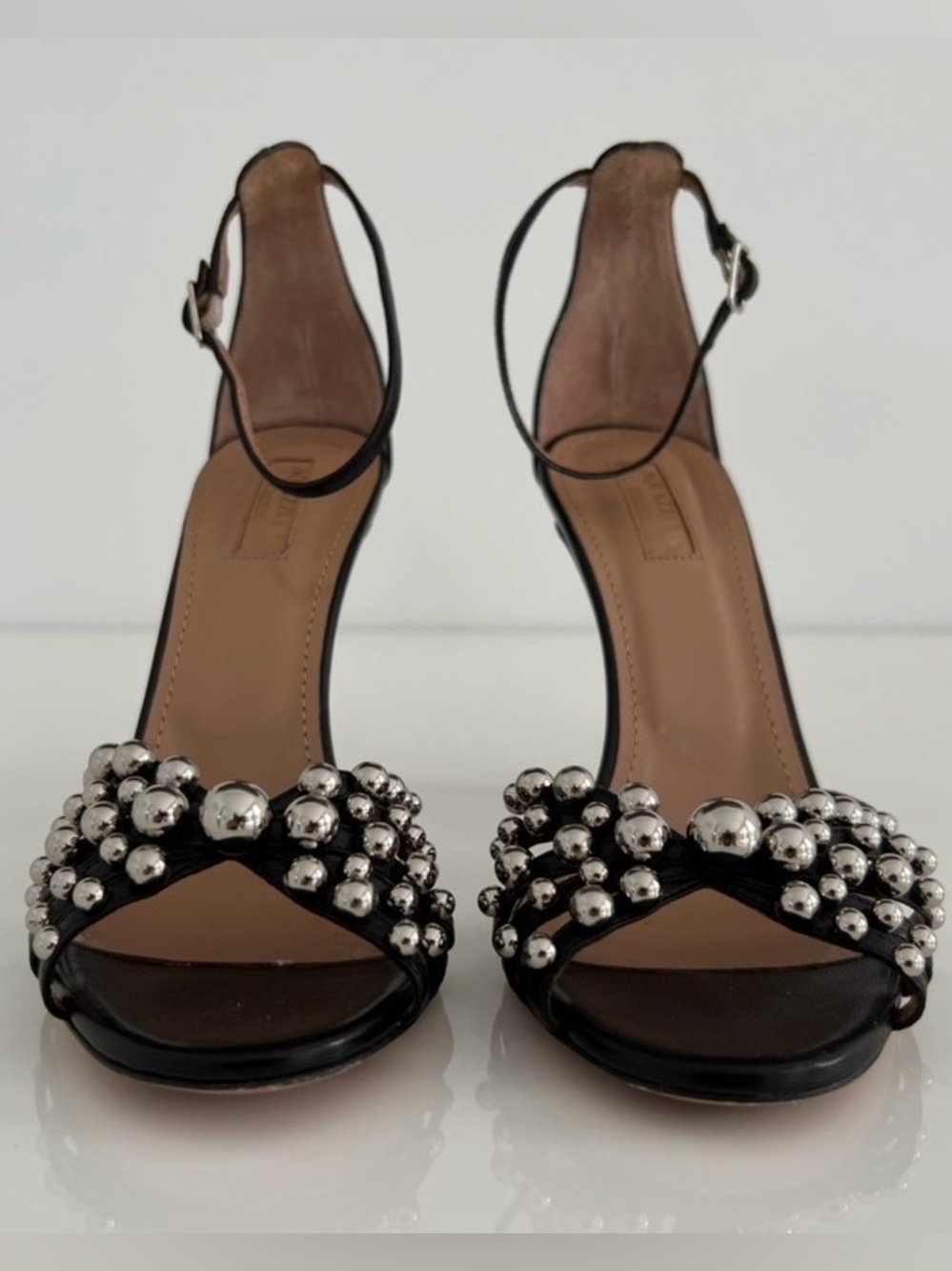 AQUAZZURA BLACK LEATHER SILVER STUDDED SANDALS SIZE IT 38 / US 8 - Picture 13 of 17